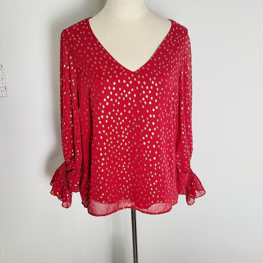1. State Red & Gold Shiny, Sparkly Blouse with Poet Sleeves, Size Medium